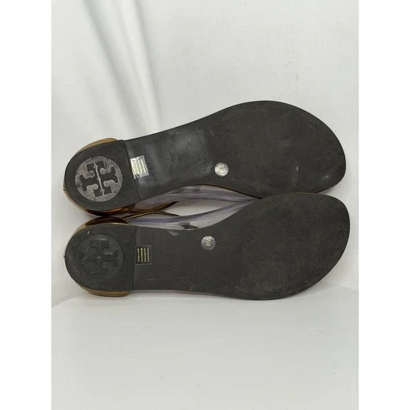 Tory Burch Metallic Leather T Strap Thong Sandals US 7.5 Gold Logo Flats - Picture 8 of 9